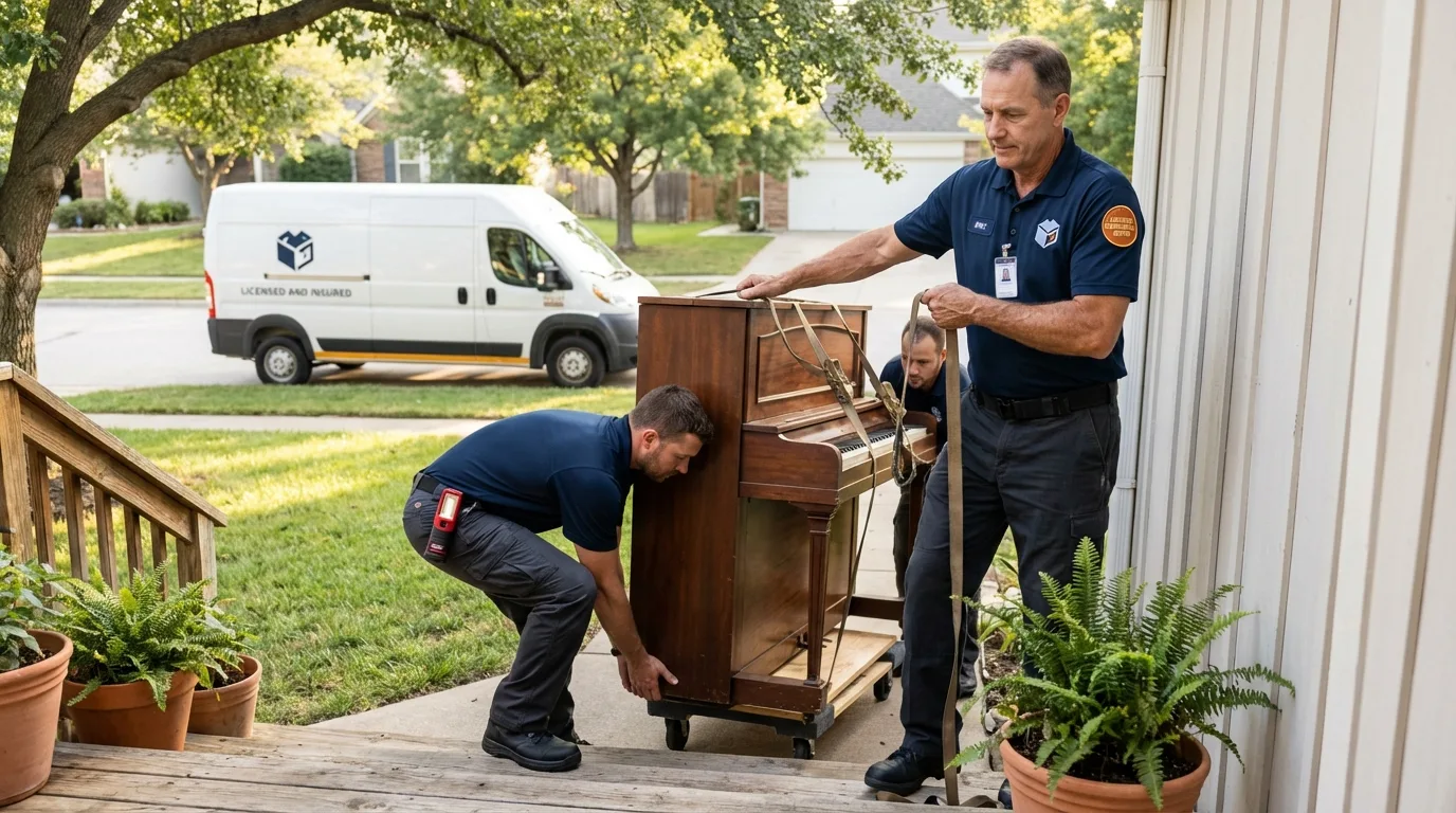 Licensed piano movers securing grand piano in Laurens, SC