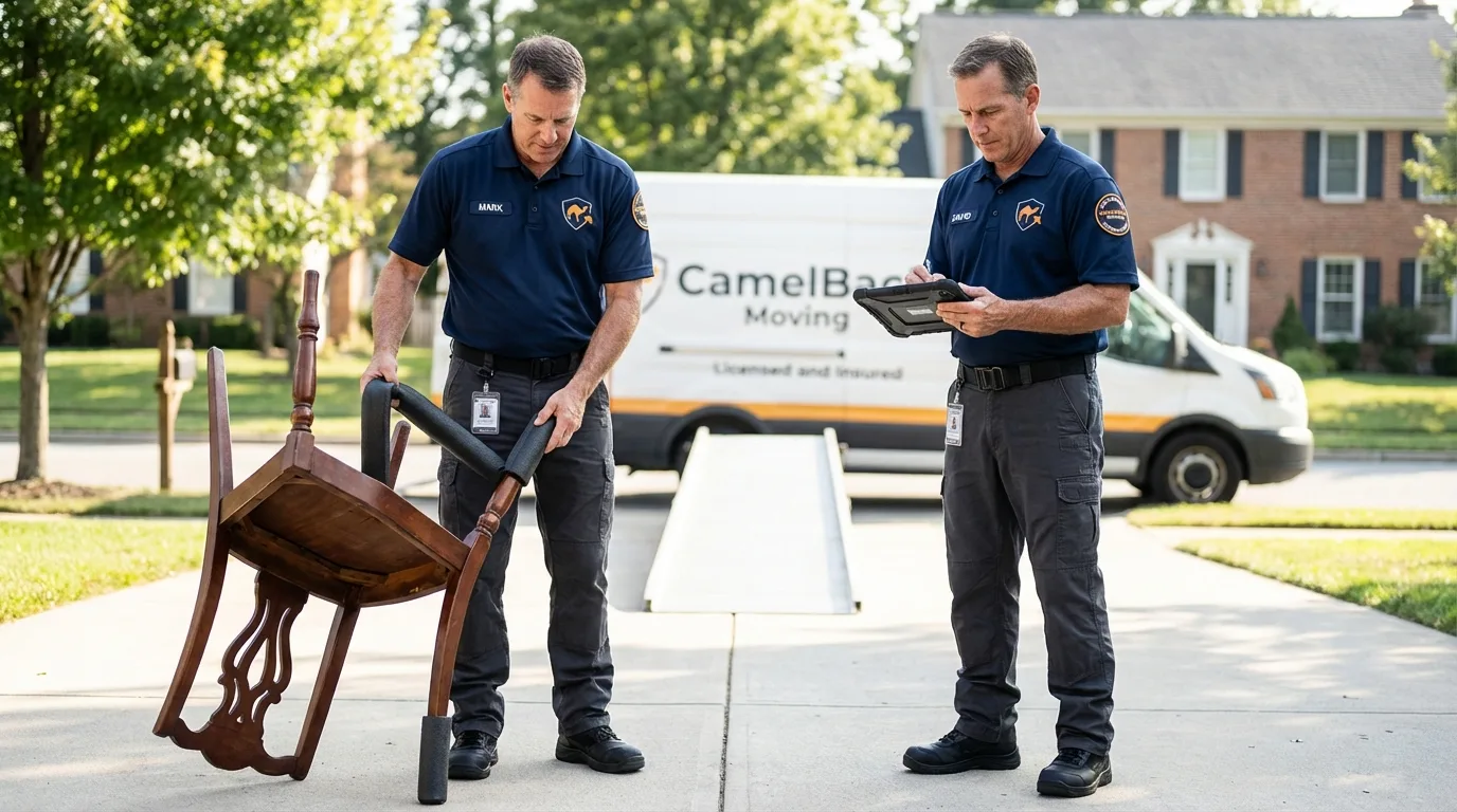 Movers inspecting furniture for damage prevention before loading in Laurens, SC